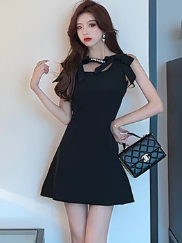 2023 Lazo Negro De Diamantes De La Eslinga Mini Y2k Vestido De Las Mujeres De Corea De La Vendimia Hepburn Vestido De Verano Elegante Bodycon De Lujo Vestido De Noche Del Partido