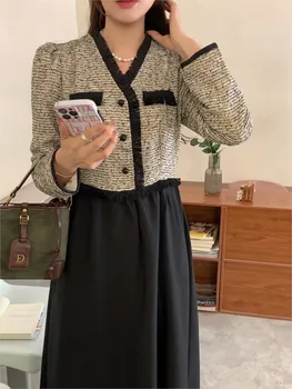 2023 Otoño de la Mujer V-cuello Solo Pecho Manga Larga Vestido de Oficina Lday Elegante Mosaico Midi Dresskorean Cintura Alta Vestido de Una línea