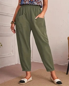 2023 Verano Nuevo Sólido Pantalones con Cintura Elástica, Casual Versátil Bolsillo De los Pantalones Nueve Punto de los Pantalones de las Mujeres