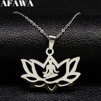 2023 Yoga Loto Collar de Acero Inoxidable para las Mujeres, Religión, Color de Plata de la Cadena Collar de la Joyería de la flor de loto gargantilla N1014S