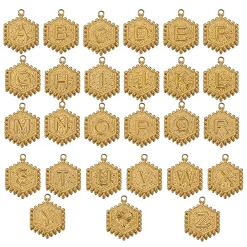 5PCS de Acero Inoxidable Chapado en Oro Hexagonal Bisel Letras Encantos del Alfabeto Colgantes de Corazón de Conectores para DIY de la Joyería del Collar