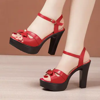 8 10cm Elegante de la Perla del Cuero Genuino Zapatos de Mujer Sandalias de Plataforma 2023 Bloque de zapatos de Tacón Alto Sandalias de Oficina Modelo Plus Size 32-43