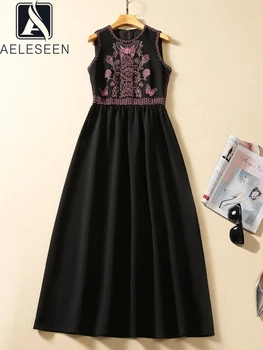 AELESEEN Negro Vestido de Verano de las Mujeres sin Mangas de Diseño de Moda de la Flor de Mariposa de Bordado Largo Étnico Parte Tanque Vestidoes