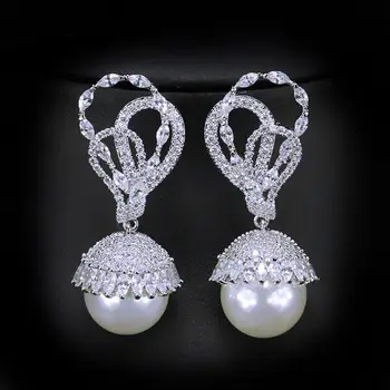 Blanco CZ Grande de Hoja Redonda Perlas Cuelgan Pendientes de la Gota para las Mujeres de Joyería de fantasía