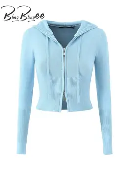 BlingBlingee 2023 Otoño de tejidos de Punto de las Mujeres Cardigan Sweater Traf Muñeca Manga Hoode de la Cremallera de la Chaqueta Slim Mujer Recortar la parte Superior de color Azul Y2K