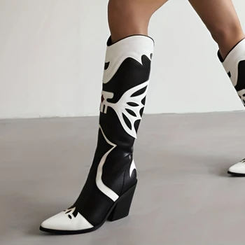 Botas de Vaquero de las Mujeres Vaquera de la Rodilla Altas Botas de Mariposa Bordada de Hadas Tacón Grueso Occidental Botas de los Zapatos de Diseño de la Marca