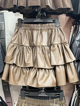 Coreano de la Moda Mini Falda de la Mujer Elástica de Cintura Alta del Pastel de Una línea de Faldas Plisadas Femenina Falda de Cuero de las Mujeres Ropa de Dropshipping