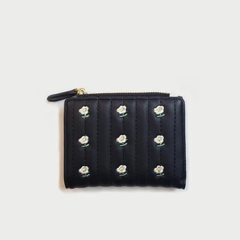 Daisy bordado bolso pequeño fresco estudiante monedero de cuero de corea corto plegable multi-tarjeta señora linda bolso lindo monedero