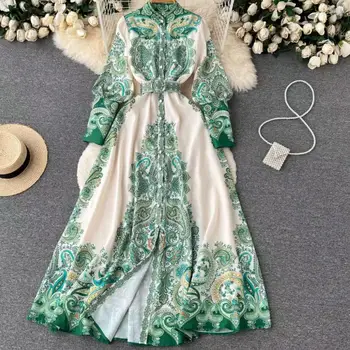 De alta Calidad de Cuello de Pie Vintage Floral Vestido de las Mujeres De 2023 Otoño Nuevo Estilo Elegante Slim Fit de Una línea de Vestido Largo