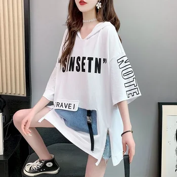 Diseño de sentido dividir camiseta de manga corta de las Mujeres de corea de la ampliación de cinco puntos para la manga de la Sudadera con capucha suelta media larga con capucha de verano