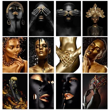 El Arte africano Moderno, la Figura Negra de Oro de la Belleza del Lienzo de Pintura de carteles y de Impresión para el Interior del Hogar Sala de estar Decoración de la Pared de la Imagen