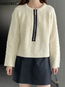 Eshin Cuello Redondo de Manga Larga de Tejido de punto con Cremallera Suéter Para las Mujeres 2023 Otoño de la Moda Femenina Elegante Tops TH4738