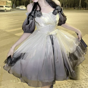 Gothic Lolita Vestido De Las Mujeres De Victorian Del Vintage De Color De Degradado Parte De Mini Vestidos De Mujer De Malla Volantes Elengant De La Princesa Vestido De Flores