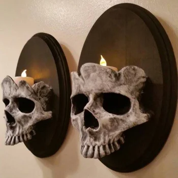 Halloween Cráneo Cabeza Titular De La Vela De Miedo Esqueleto De La Cabeza Montado En La Pared De La Vela De La Lámpara De Pared De Casa Bar Restaurante De Velas Decorativas