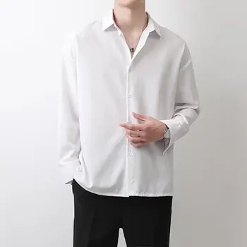 Hombres maduros Ropa 2023 Otoño Cubano Cuello de la Camisa para los Hombres Nuevos de Color Sólido de Moda Suelto Ocasional Caída de Manga Larga para Hombre Camisas de Vestir
