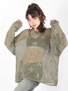 HOUZHOU Streetwear Y2k de Manga Larga de Punto Pullovers Mujeres Chic Ver a Través de gran tamaño Tops de las Estrellas de High Street coreano de la Moda