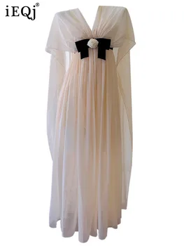 IEQJ de Malla de Contraste de Color Bowknot Diseño de Albaricoque Vestidos Para las Mujeres de Seda Elegante Vintage Vestido de Princesa de 2023 Ropa Nueva 3WQ7505