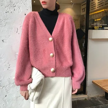 Knitwears Mujeres Suéter del otoño y el invierno de 2023 nueva visón abrigo de lana tejido de punto cardigan de cuello en v