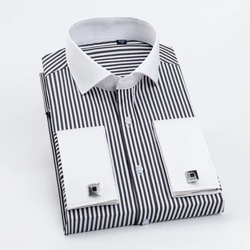 La moda de Rayas con Puño francés Vestido de Camisa de los Hombres de Manga Larga de Windsor Propagación Cuello Esmoquin de Negocios Formal Camisetas de Contraste de Cuello