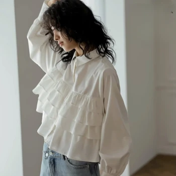 La moda del Color Sólido de Volantes Blusa de las Mujeres Nuevo Clásico de Manga Larga de un Solo pecho de Polo de Cuello de Dama Casual de Gasa de la Camisa de 2023