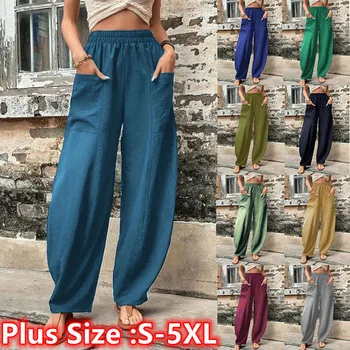 La mujer de hielo Bombachos de color sólido de bolsillo de las mujeres de moda casual elástico pantalones bolsillo grande de alta elástico de gran deportivos