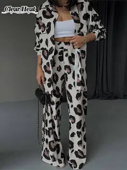 La Mujer Leopardo Impreso Pantalón De 2 Piezas Manga Larga Solapa De La Camisa Y La Altura De La Cintura De Los Pantalones De Traje De Otoño Conmutar Señora De La Oficina De Streetwear
