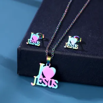 Las mujeres de la Moda de la Carta de Jesús Cruz Colgante de Collar de Hip Hop de Acero Inoxidable Coloful de la Cruz Collar para Mujer Cristiana de la Joyería Conjunto
