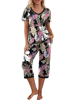 Las mujeres s de la Impresión Floral Conjunto de Pijama de Manga Corta de la parte Superior y Elástica Pantalones Capri para el Descanso Confortable y Suave ropa de Dormir