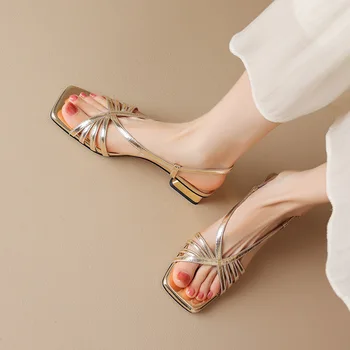 Las mujeres Sandalias de Banda Estrecha de Deslizamiento en los Zapatos de Verano de Oro Bajo los Tacones de Zapatos de Playa de Astilla de Zapatos de la Boda de Nuevo Diseño Sandalias Mujer