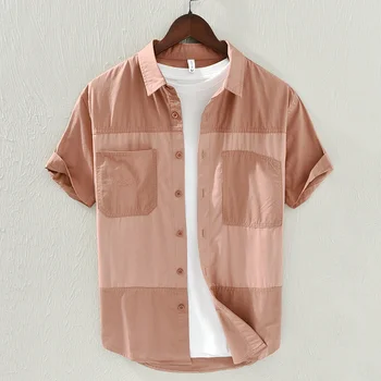 Moda de verano de Retazos de Coincidencia de Color de Camisa de Manga Corta de los Hombres Casual Versátil en el Pecho de la Carta de Bordado de la Camisa de Algodón Puro