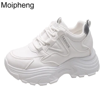 Moipheng Mujer Zapatillas de deporte Casuales de la PU Zapatos de Plataforma Encajes Transpirable Grueso de la Zapatilla de deporte Señora Gruesa Endrino Caminar Calzado Deportivo Zapatos