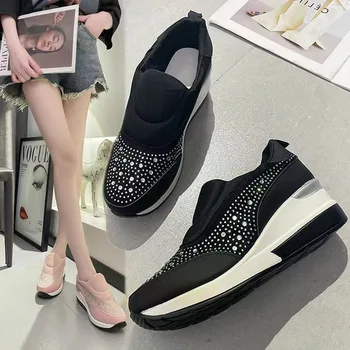 Más el Tamaño de la Pendiente Talón Zapatos de las Mujeres del Otoño Nuevos Zapatos Casual con diamantes de imitación Interior de Aumento de la Altura Transpirable Zapatillas Cómodas