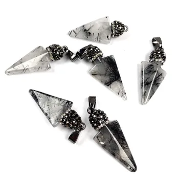 Natural de Piedra Semi-preciosas Colgante de Piedra de la punta de Flecha de Cabello Negro con Incrustaciones de Cristal Colgante de Diamantes