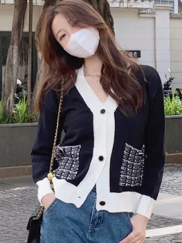 Otoño Nuevas Mujeres de la Chaqueta de Punto 2023 coreano de la Moda V-cuello Color de Contraste Casual de la Vendimia Suéter Chaquetas blusas cortas