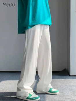 Pantalones Casuales Hombres Sueltos Verano Cintura Elástica Transpirable Recto Confortable Ropa De Estilo Coreano De Color Sólido De Moda Simple