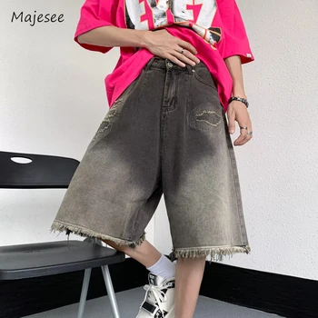 Pantalones vaqueros de los Hombres Harajuku Lavado Angustiado Longitud de la Rodilla de Todos-partido Chic Sueltas de Ropa Americana al Estilo del Dril de algodón Pantalones de la Borla de Verano de Nuevo