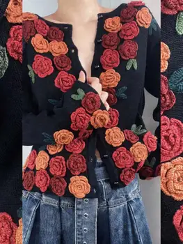 Primavera Otoño De Las Mujeres De La Vendimia Del Diseñador De Tejido Floral Suéter Negro , Otoño Mujer Apliques De Flores De Punto Cardigan Suéteres