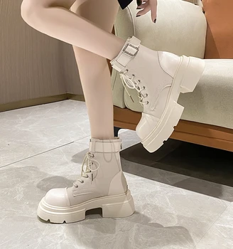 Rock Zapatos De Mujer Dama Botas De Encaje Hasta De Lujo Diseñador Dedo Del Pie Redondo Botas-Mujeres De La Moda De Otoño De Verano 2023 De Cuero, Tacón De Goma