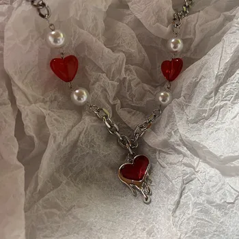 Rojo Corazón Colgante de Collar de la Vendimia de los años 80 Estética Amor Inspirado Gargantilla Nueva Moda Romántico del Corazón del Collar Para las Mujeres