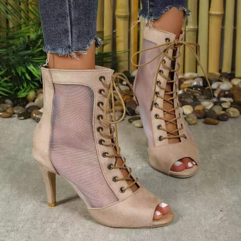 Sandalis Mujer Dedo del pie Abierto de Malla de Verano de Encaje de la Moda de Tacón Alto Zapatos de Hebilla de Cinturón Casual de las Mujeres Zapatos de Mujer Romana Sandalias de las Mujeres