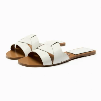 TRAF 2023 Mujeres Blancas Flats, Sandalias de Playa Casual de Cabeza Redonda de Cuero de Mulas Verano Pisos de Moda Zapatos de Cómodas Zapatillas de Damas