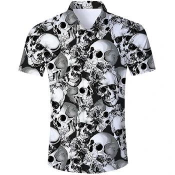 Verano de Hawai Cráneo de la Camisa Para los Hombres Impresos en 3D de la Playa de la Camisa de Manga Corta Botón Casual de los Hombres del Cráneo Camisetas de gran tamaño Camisa Tops