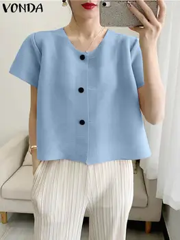 VONDA Mujeres Camisetas de 2023 Moda Blusas Tops de Verano de Manga Corta de los Botones de la Túnica Casual Color Sólido Suelto Elegantes Blusas Femininas