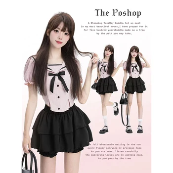 Y2K Mujer 2 Piezas Conjuntos de Kawaii Preppy Style Camisetas de Negro Mini Una línea de Faldas Casuales Señora de la Oficina Trajes de Lolita se Adapte a 2023 Verano