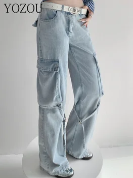 [YOZOU] Otoño Floja Floja Blue Jeans de Denim de Quemado de Carga Ancho de la Pierna de los Pantalones de las Mujeres de corea del Estilo de al aire libre de los Pantalones con Bolsillos