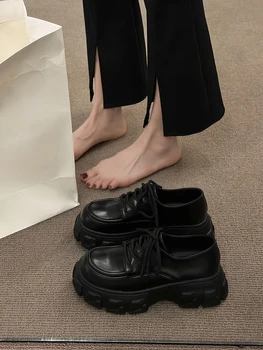 Zapatos De Las Mujeres Del Otoño De Oxford, Mujer Calzado Zuecos De Plataforma Todo-Partido De Negro Pisos De Estilo Británico Puntera Redonda Modis Otoño Vestido De Cuero