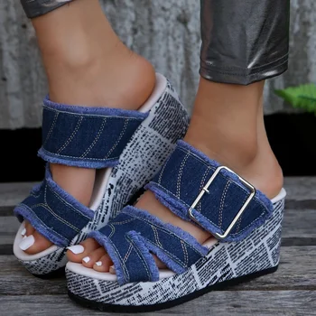 Zapatos para WomenFashion del Dril de algodón de las Mujeres Sandalias Casual Vacaciones de las Mujeres Sandalias de Verano de la Cuña Zapatillas Hebilla Sandalias de Plataforma